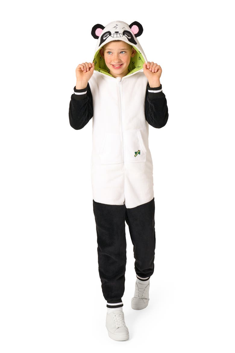 Kids' Panda One Piece Hooded Jumpsuit, Main, color, BLACK