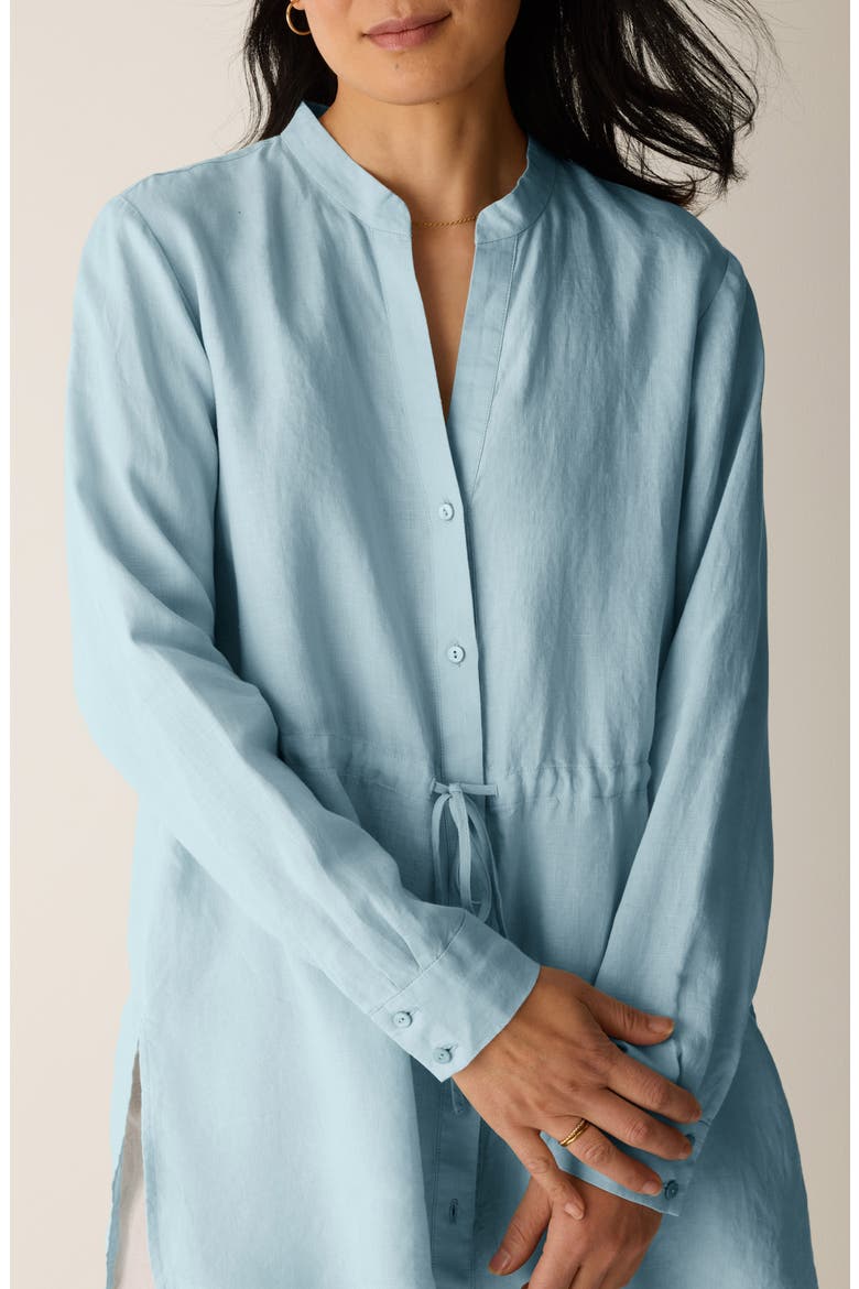 Split Neck Organic Linen Long Drawstring Shirt, Alternate, color, BREEZE