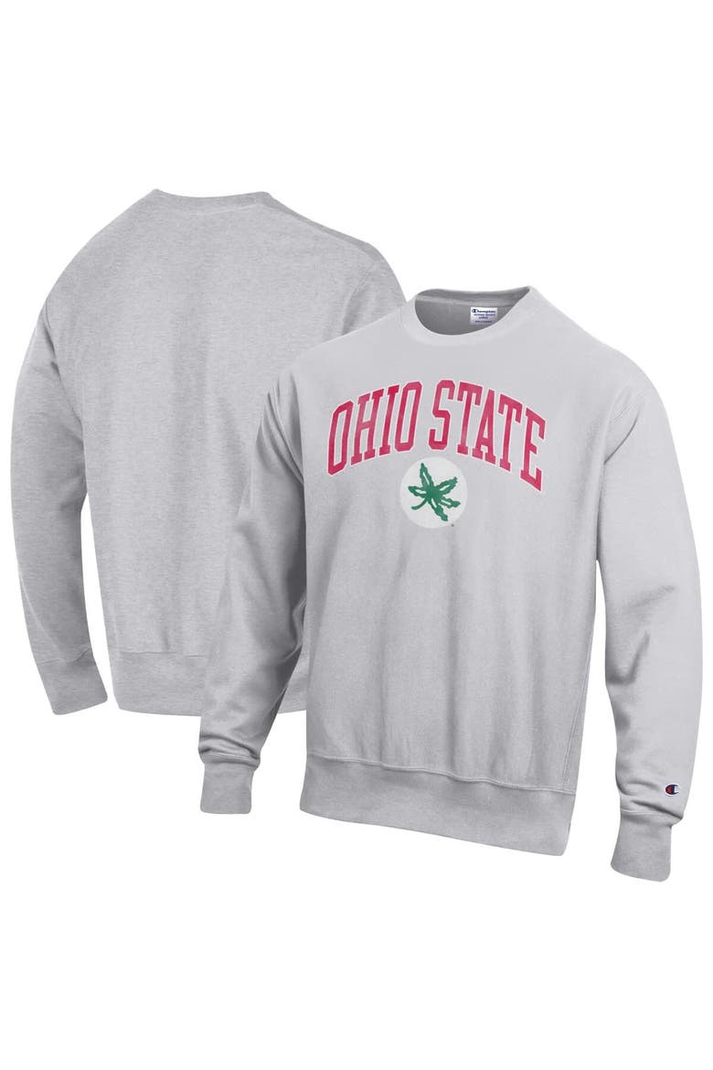 Men's Champion Gray Ohio State Buckeyes Distressed Arch Over Logo Reverse Weave Crew Neck Sweatshirt, Main, color, Gray