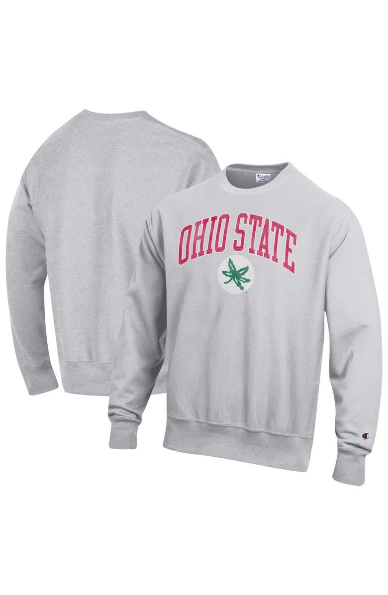 Champion Men's Champion Gray Ohio State Buckeyes Distressed Arch Over Logo Reverse Weave Crew Neck Sweatshirt, Main, color,