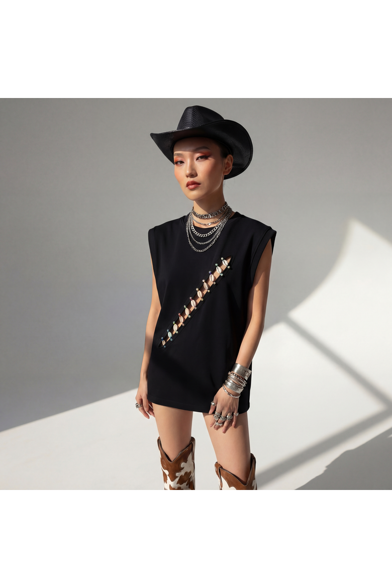 Cowrie Shell Embellished Sleeveless Shirt, Alternate, color, Black