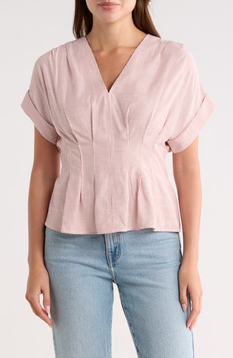 Stripe Short Sleeve Pleated Front Top