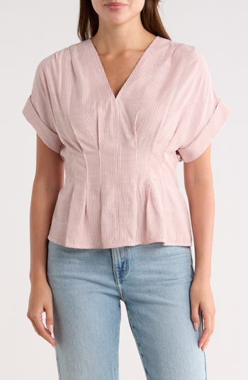 MAX STUDIO Stripe Short Sleeve Pleated Front Top | Nordstromrack