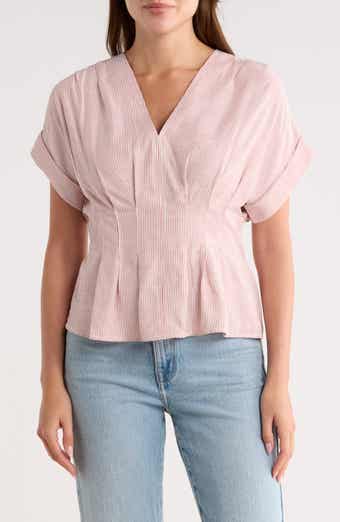 MAX STUDIO Stripe Short Sleeve Pleated Front Top
