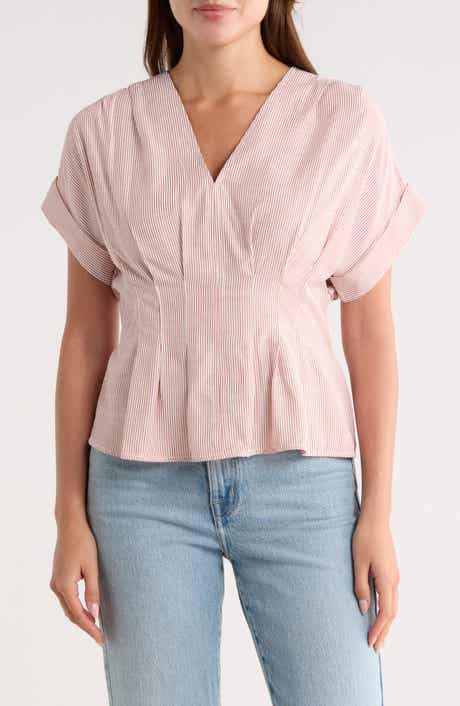 MAX STUDIO Stripe Short Sleeve Pleated Front Top