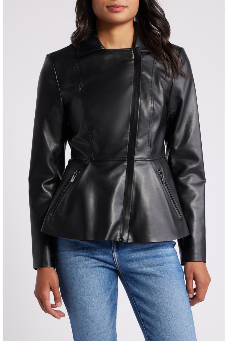 Peplum Faux Leather Moto Jacket, Main, color, BLACK