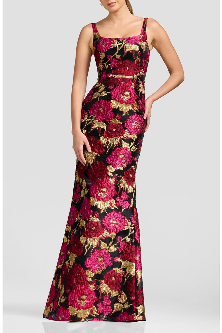 Lorena Metallic Floral Brocade Mermaid Gown, Main, color, FUCHSIA MULTI