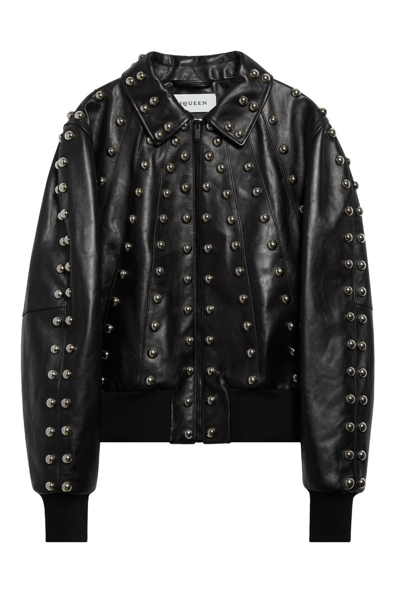 Studded Leather Bomber Jacket, Main, color, BLACK
