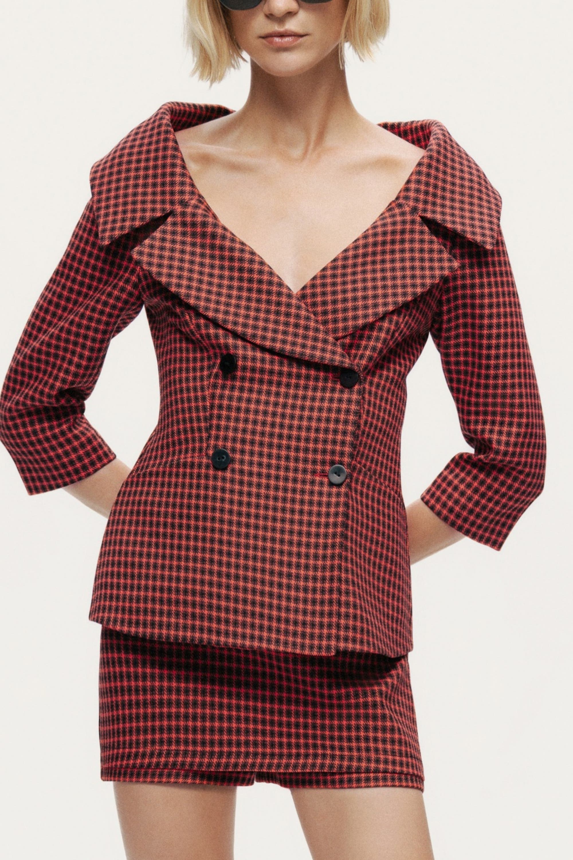 Checked Portrait Collar Double-Breasted Jacket - image 2