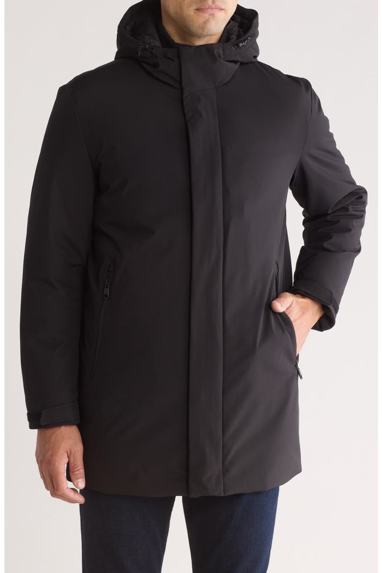 Hooded Water Resistant Stadium Jacket, Main, color, BLACK