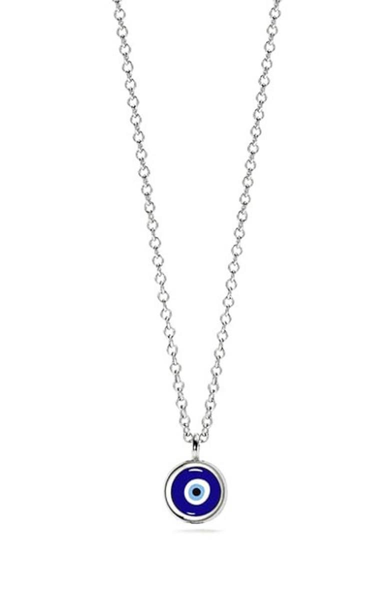 House of Frosted 14K Gold Plated Sterling Silver Evil Eye Pendant Necklace, Main, color, White Gold/ Blue