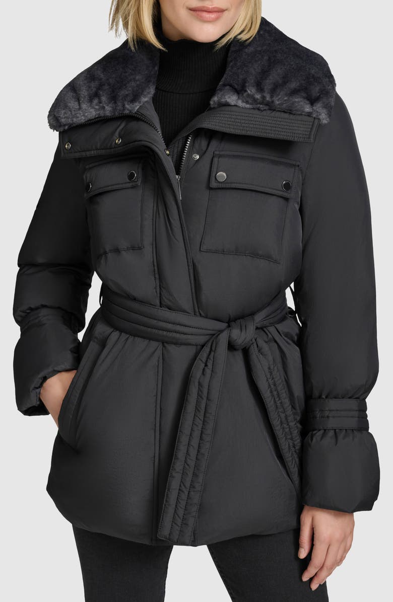 Andrew Marc Laken Faux Fur Trim Belted Puffer Coat, Main, color, Black
