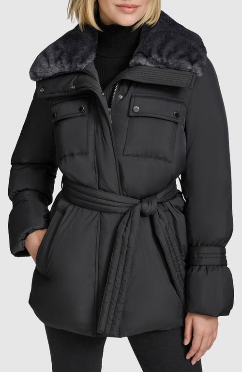 Andrew Marc Laken Faux Fur Trim Belted Puffer Coat in Black 