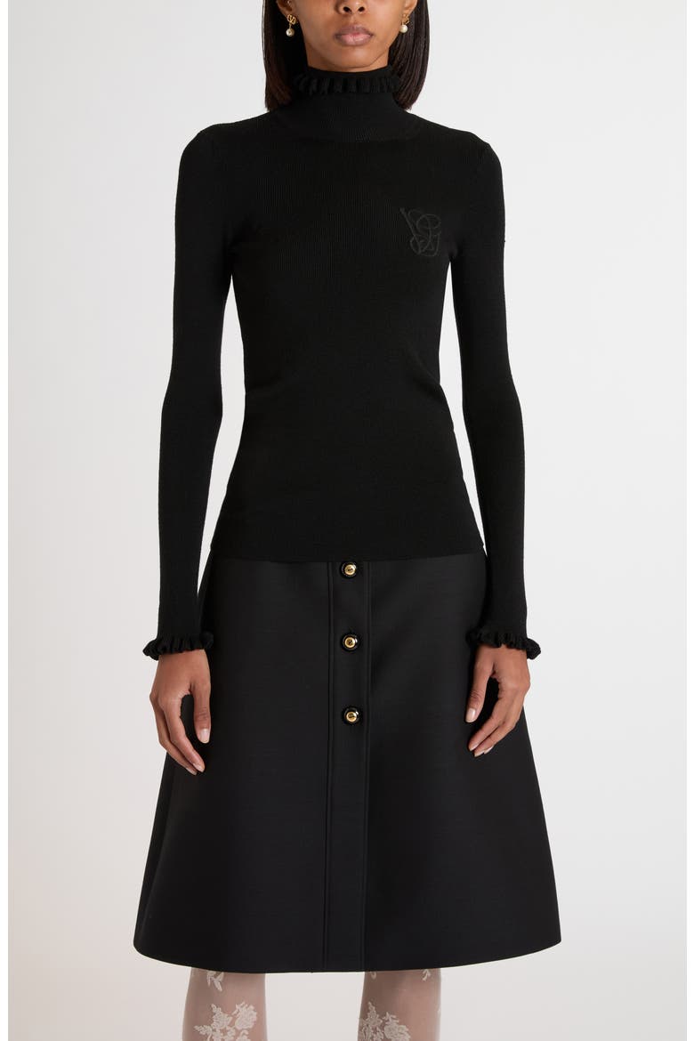 Ruffle Trim Rib Virgin Wool Sweater, Main, color, BLACK