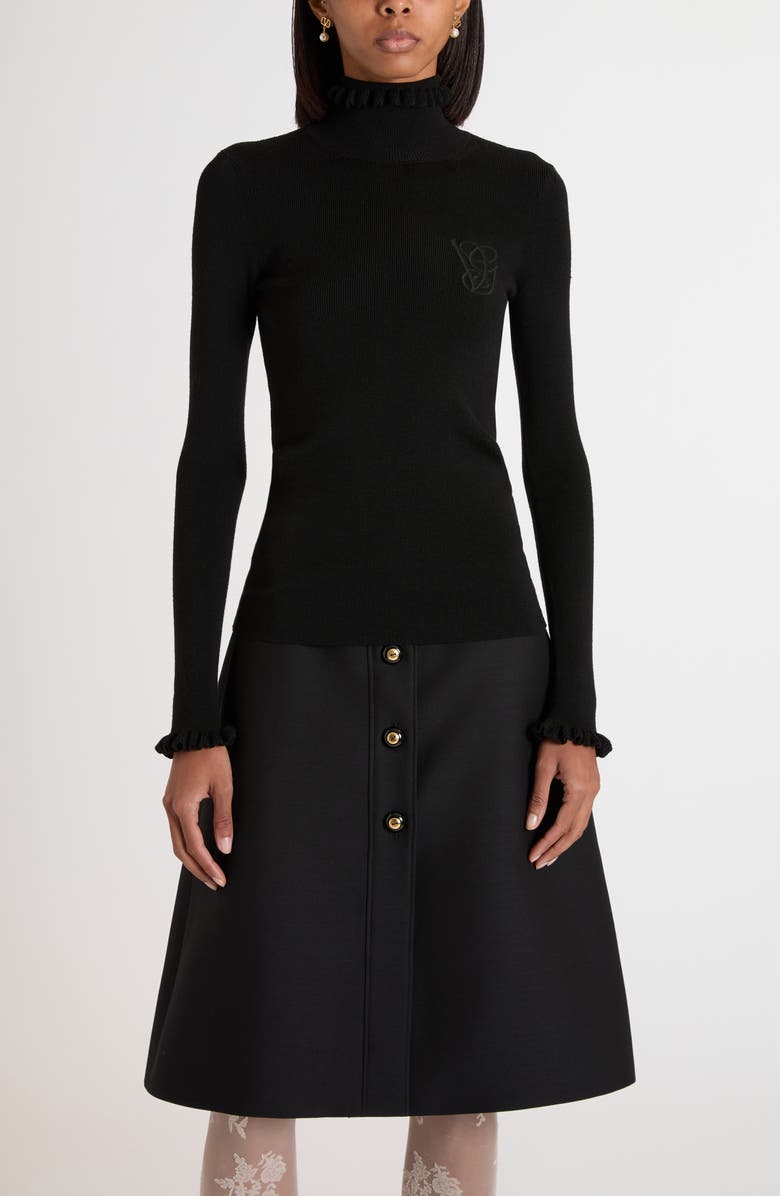 Valentino Garavani Ruffle Trim Rib Virgin Wool Sweater, Main, color, Black