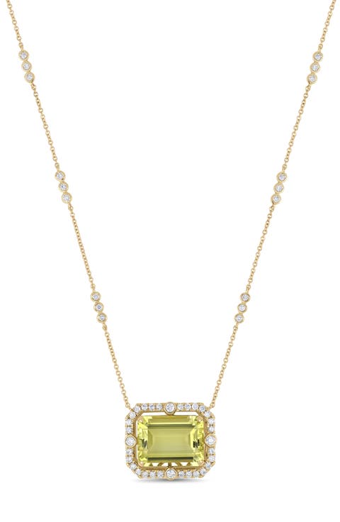 18K Gold Iris Lemon Quartz & Diamond Pendant Necklace