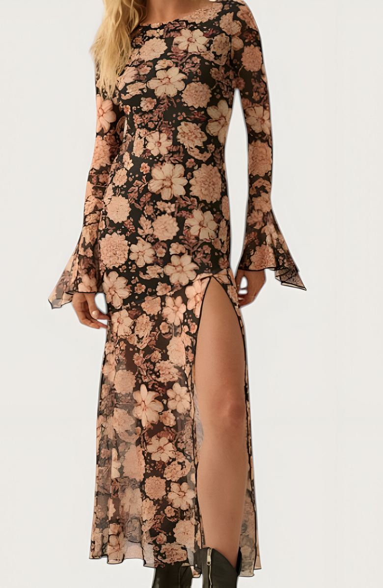 Modenaire Floral Mesh Maxi Dress with Trumpet Sleeves, Drop Waist and Asymmetrical Slit Skirt, Alternate, color, Floral Mesh