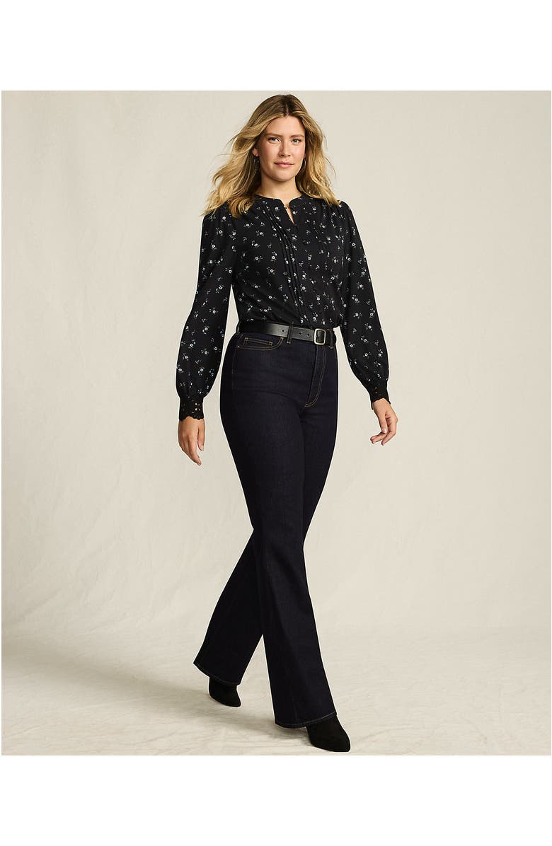 Lands' End Lightweight Jersey Long Sleeve Button Front Pintuck Top, Alternate, color, Black/Cobalt Tiny Floral