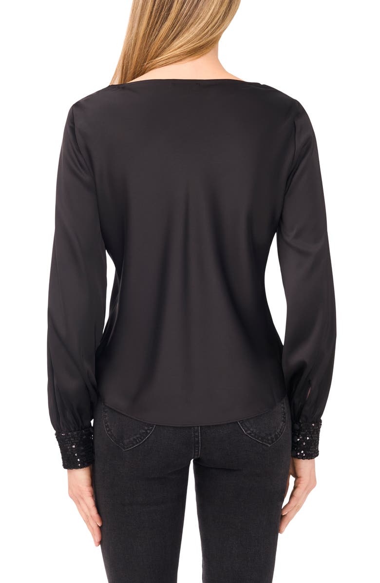 CeCe Cowl Neck Sequin Cuff Charmeuse Top, Alternate, color, Rich Black