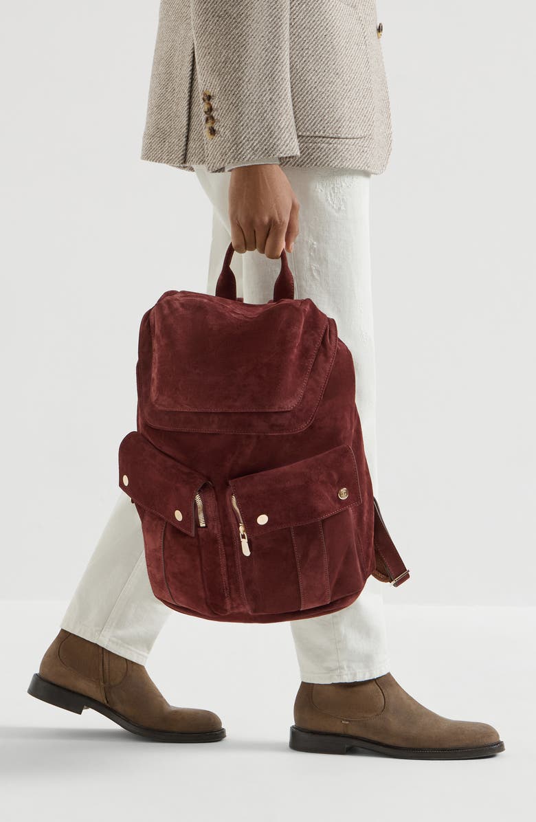 Brunello Cucinelli Suede leisure backpack, Alternate, color, Burgundy