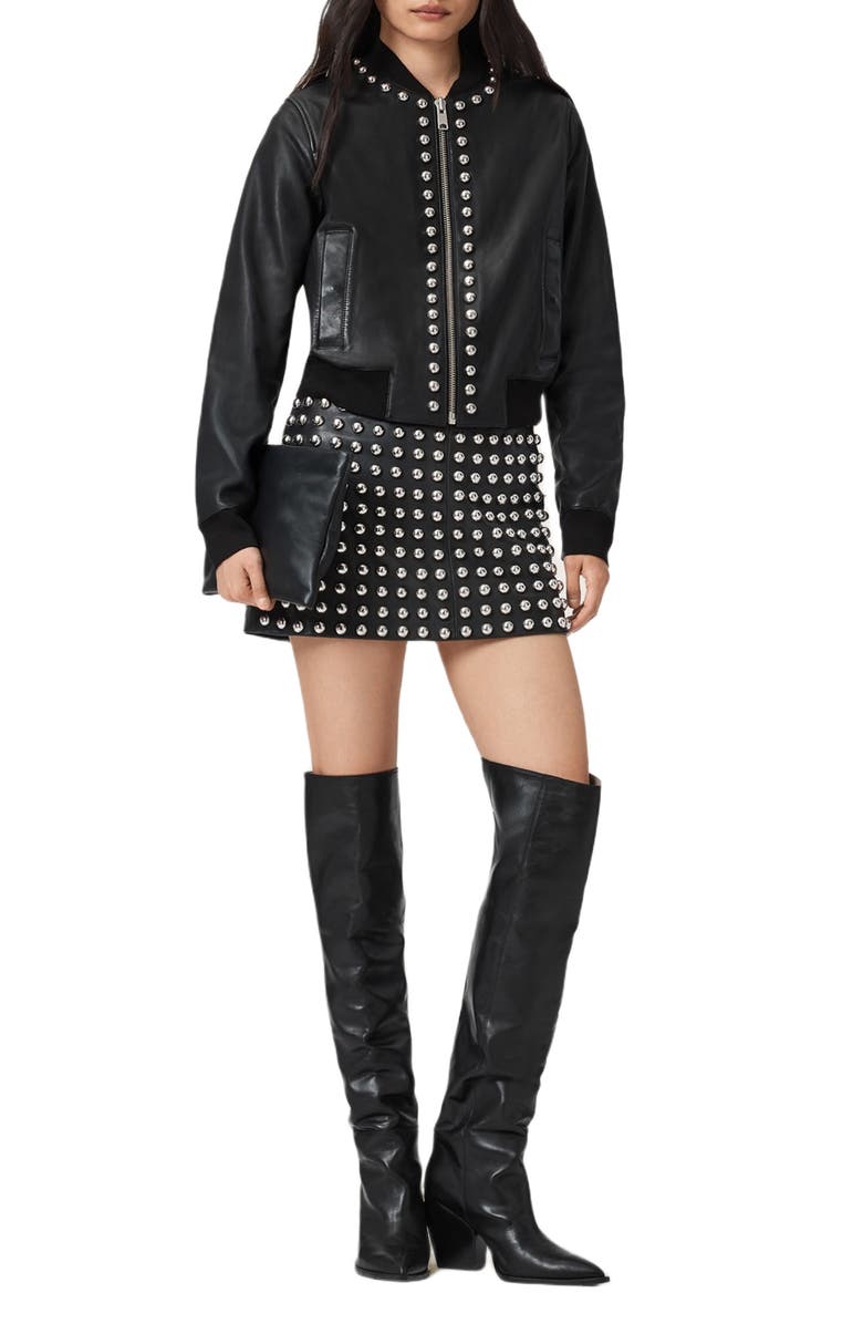 AllSaints Wilder Stud Embellished Leather Miniskirt, Alternate, color, Black