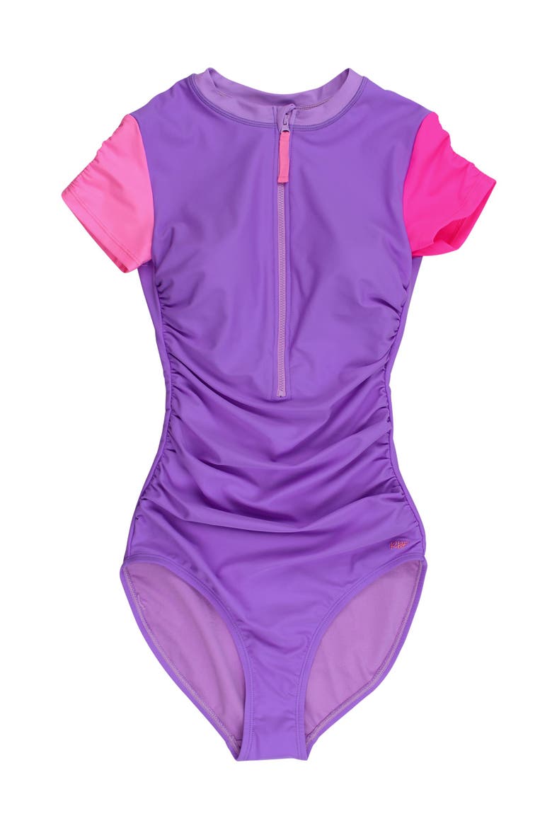 UPF50+ Sun Protected Women's Quarter Zip Short Sleeve One Piece Rash Guard Swimsuit, Main, color, Neon Purple Color Block