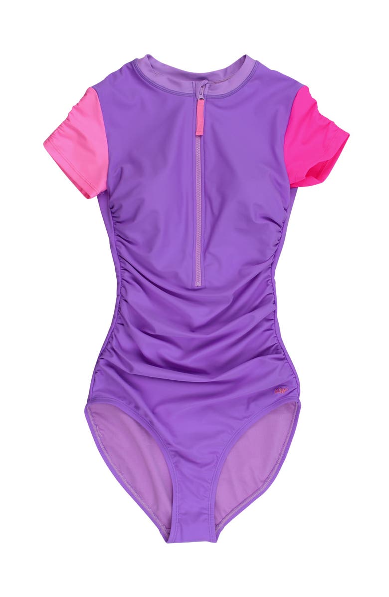 RuffleButts UPF50+ Sun Protected Women's Quarter Zip Short Sleeve One Piece Rash Guard Swimsuit, Main, color, Neon Purple Color Block