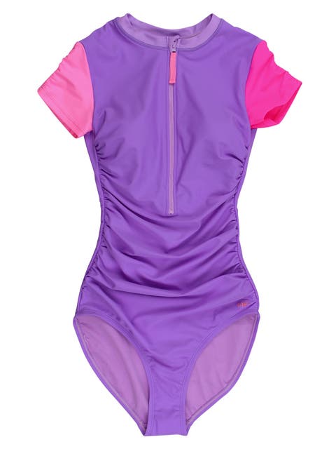 UPF50+ Sun Protected Women's Quarter Zip Short Sleeve One Piece Rash Guard Swimsuit