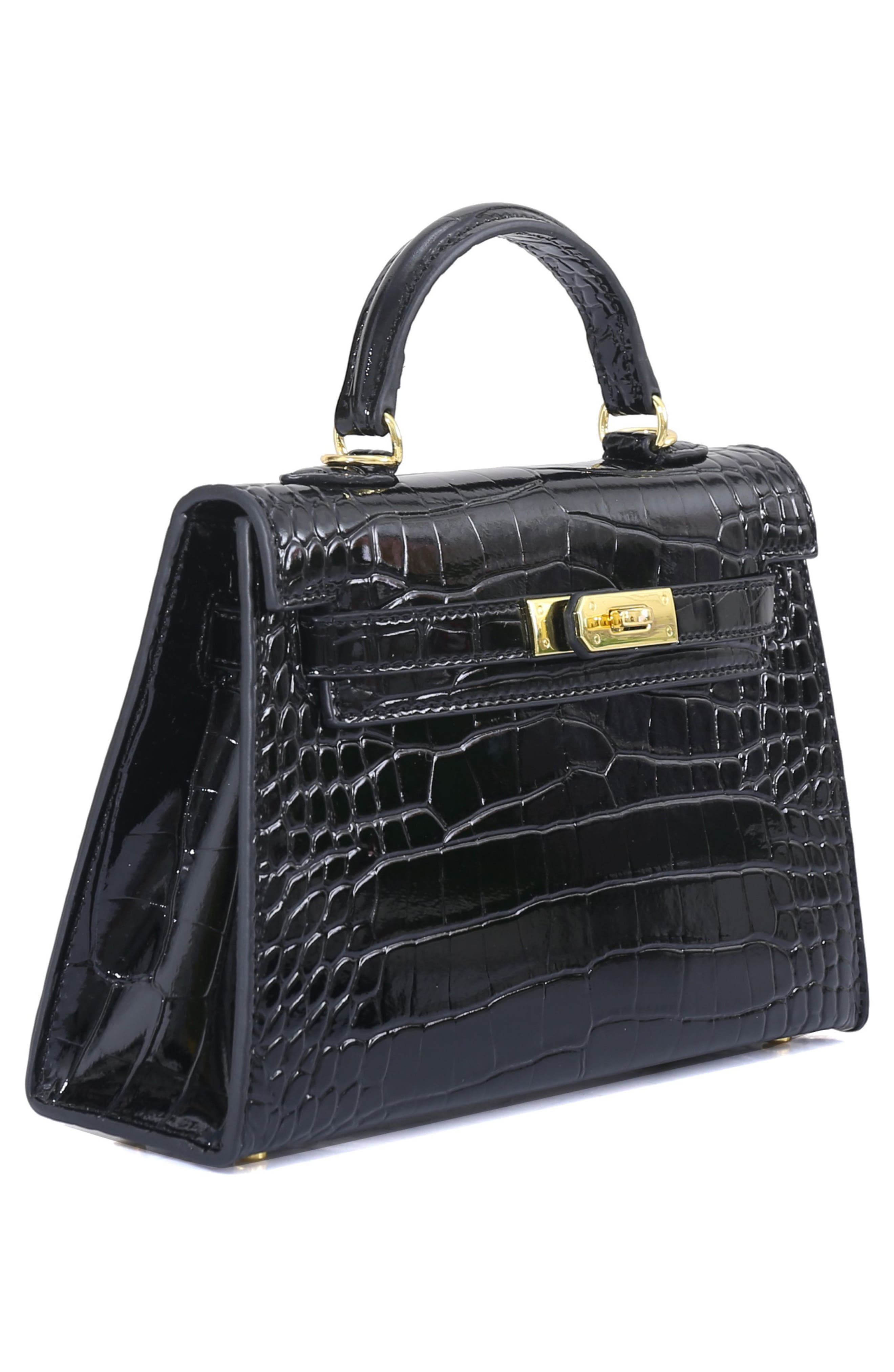 Croc Embossed Faux Leather Mini Handle Bag, Alternate, color, BLACK