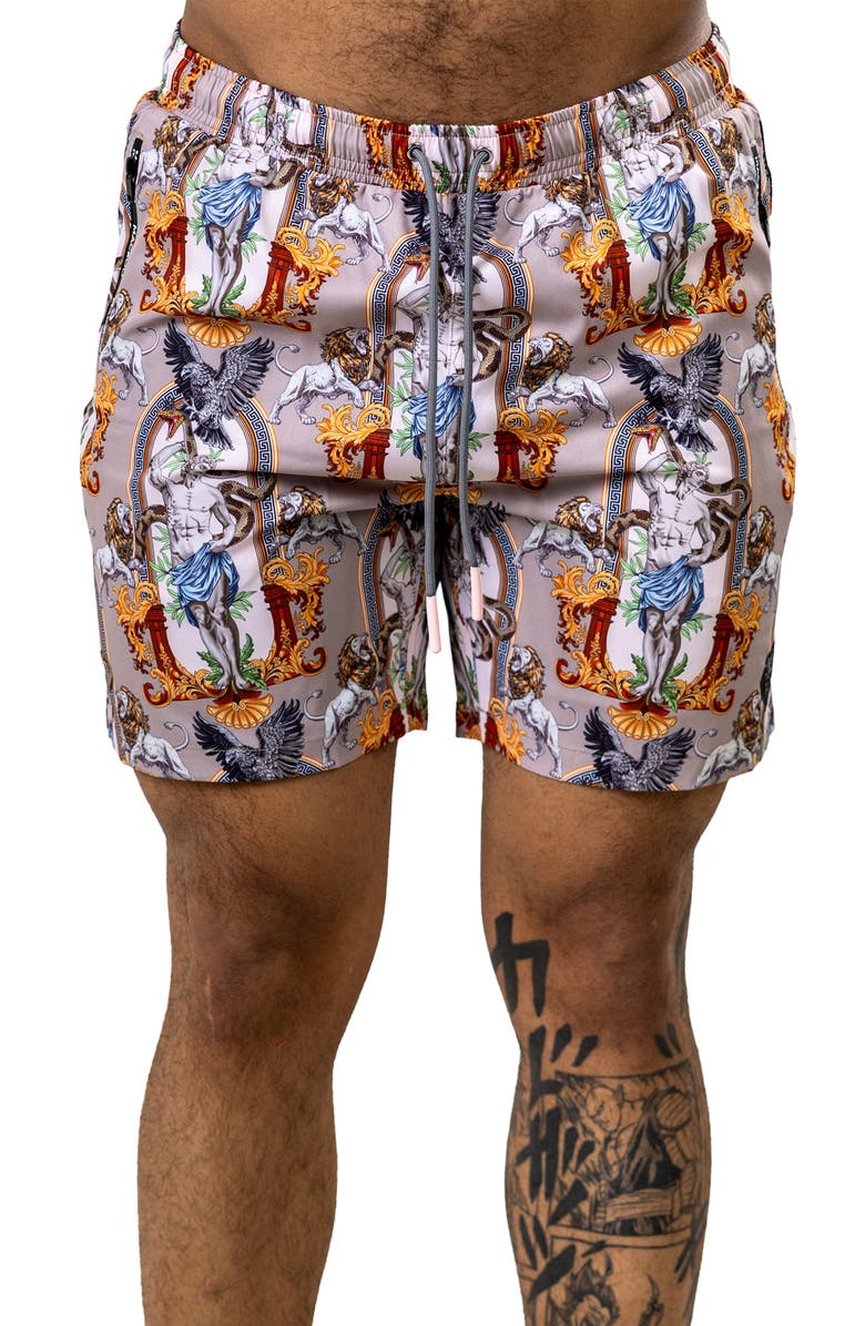 Maceoo Swim Marthyr Print Swim Trunks, Main, color, Brown