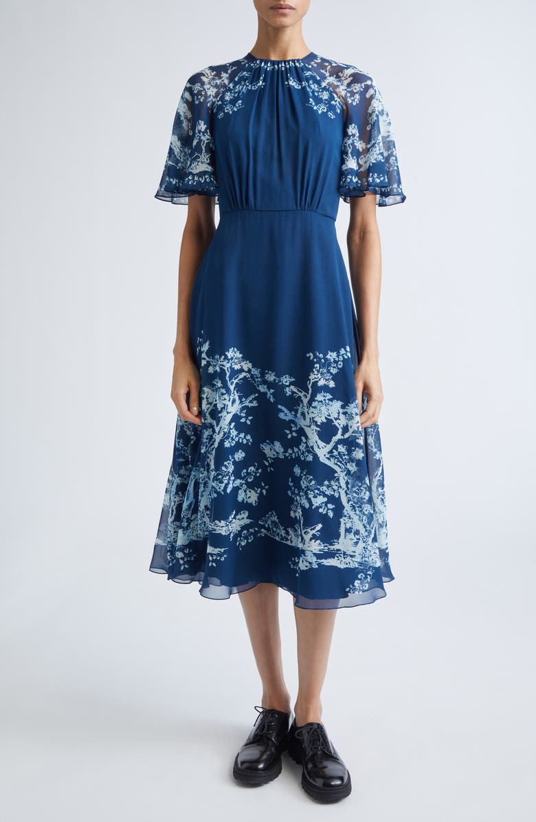 Erdem Flutter Sleeve Silk Voile Midi Dress, Main, color, Cyanotype Etching Navy