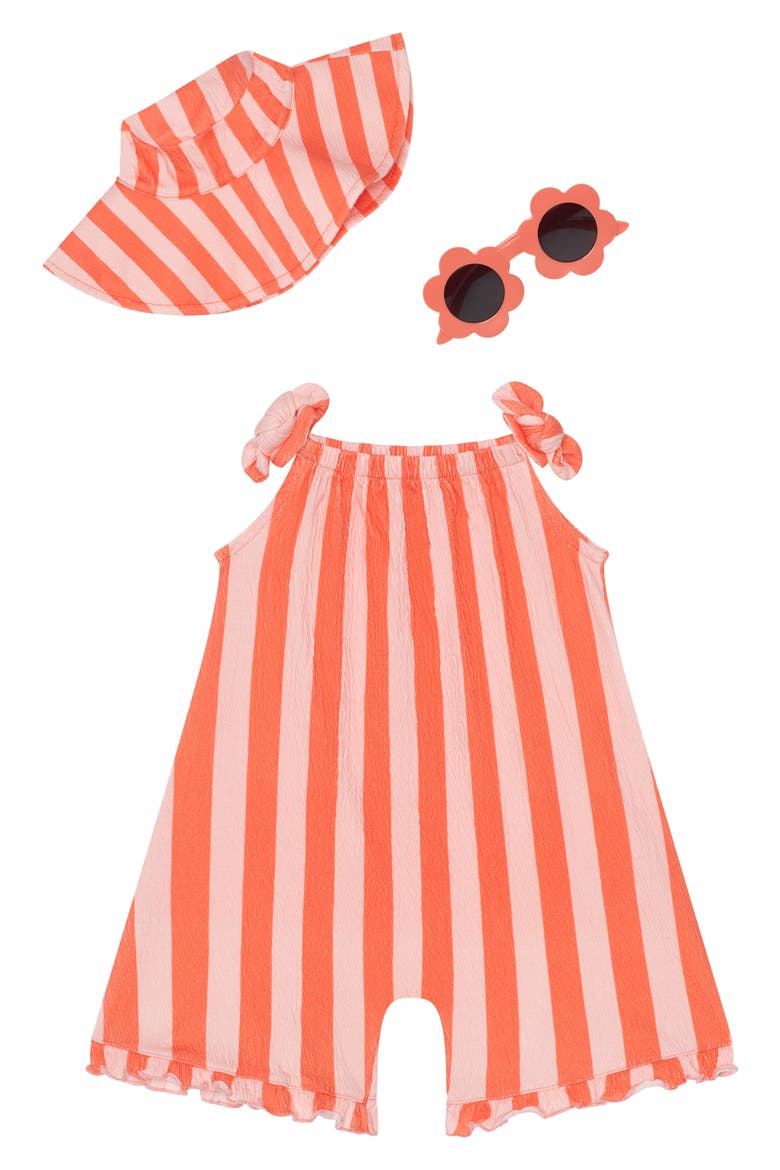 Romper Sunhat and Sunglass Set, Main, color, CORAL STRIPE