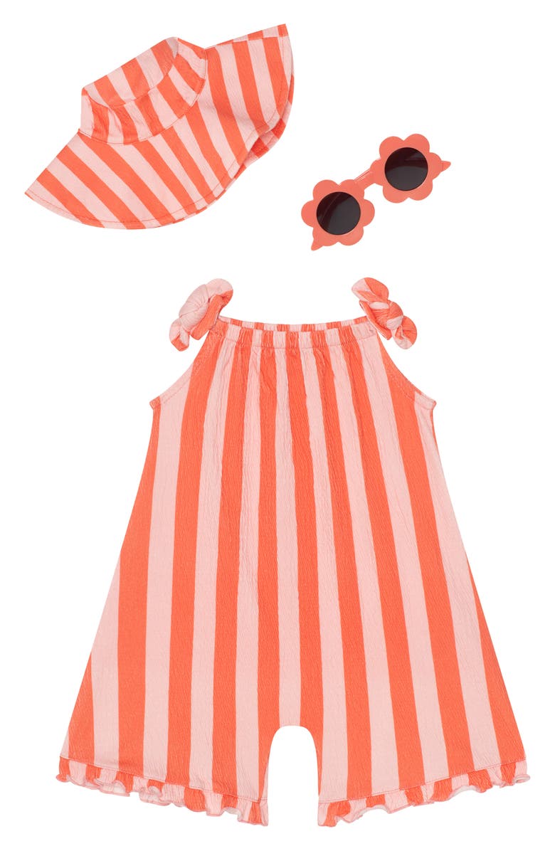Petit Lem’s Mini Threads Romper Sunhat and Sunglass Set, Main, color, Coral Stripe