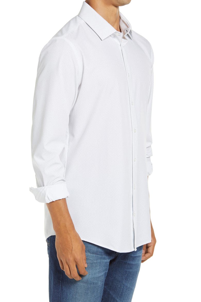 Leeward Trim Fit Ditsy Medallion Button-Up Performance Shirt, Alternate, color, WHITE GEO DOT PRINT