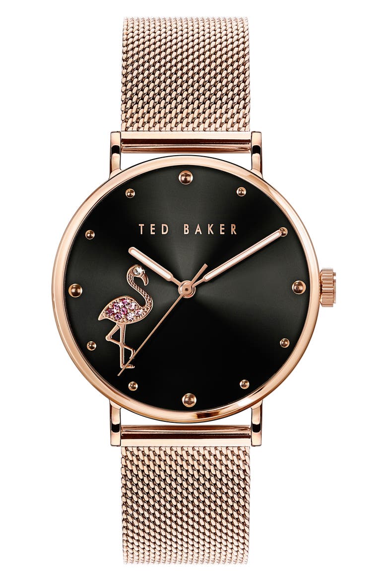 Ted Bake London Phylipa Crystal Flamingo Leather Strap Watch, 37mm, Main, color, ROSE GOLD