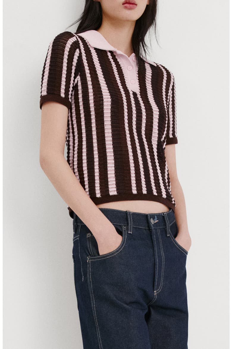 Stripe Short Sleeve Polo Sweater, Alternate, color, CHOCOLATE