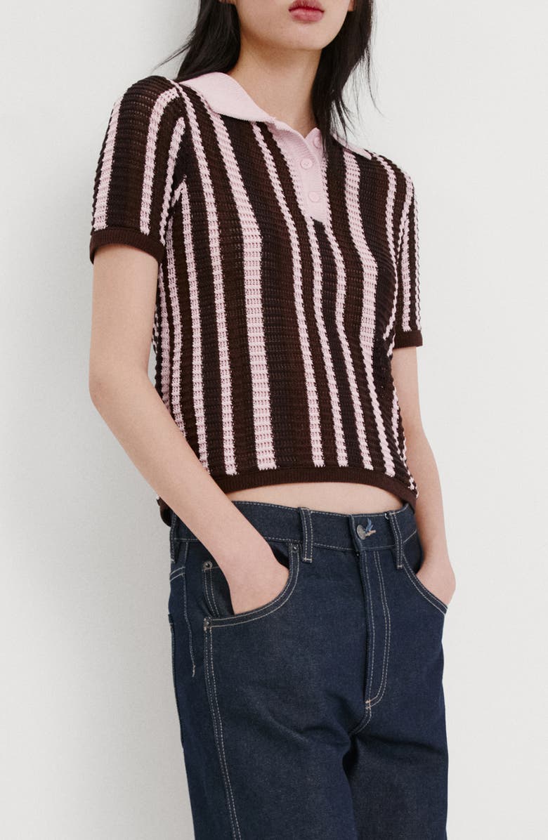 MANGO Stripe Short Sleeve Polo Sweater, Alternate, color, Chocolate