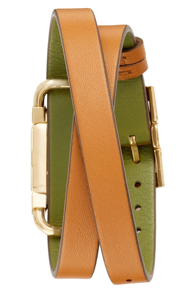 Double T Link Reversible Leather Strap Wrap Watch, 18mm, Alternate, color, LUGGAGE/ GOLD/ GREEN