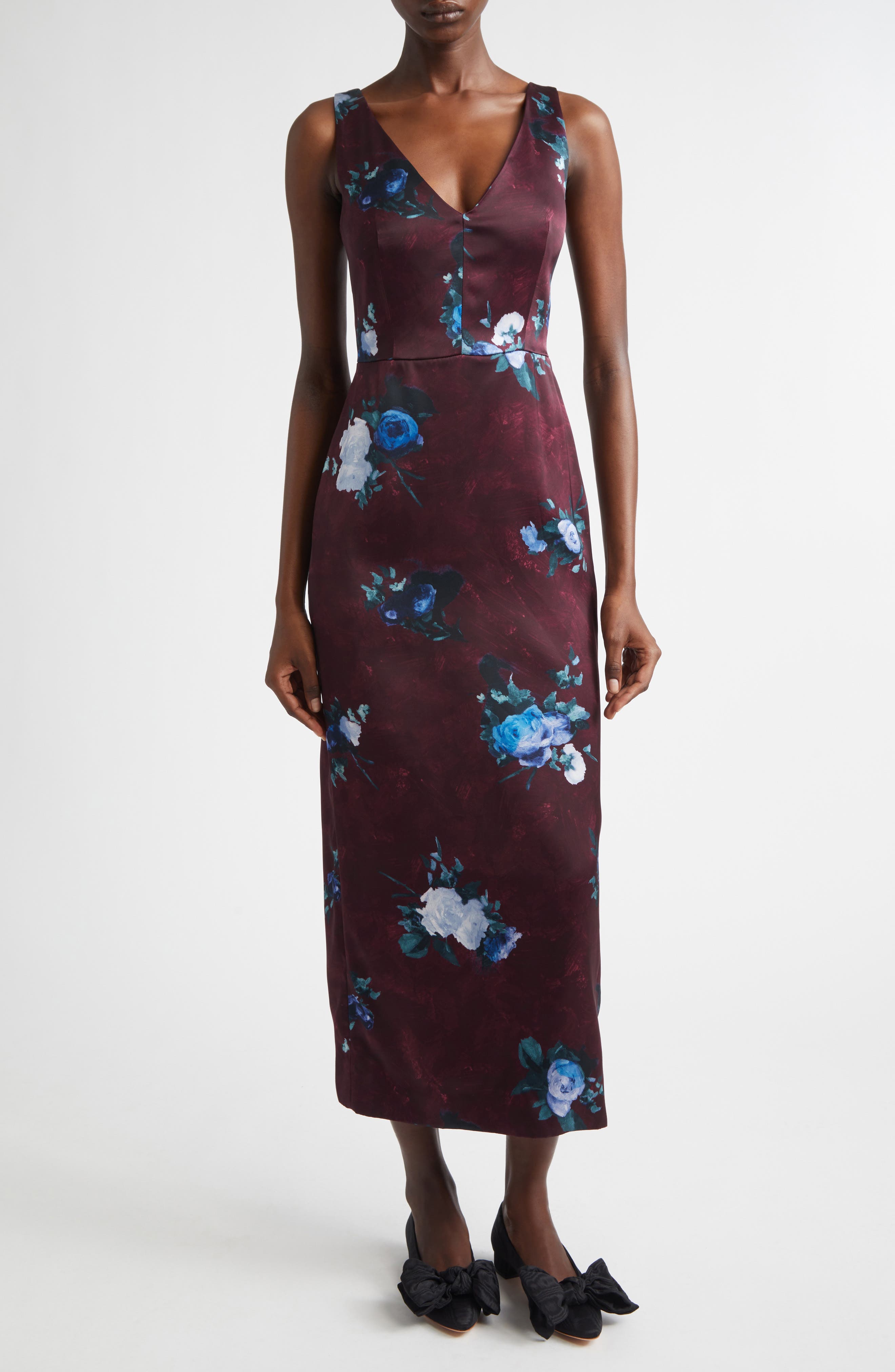 Abstract Rose Print Sleeveless Crepe Cocktail Dress