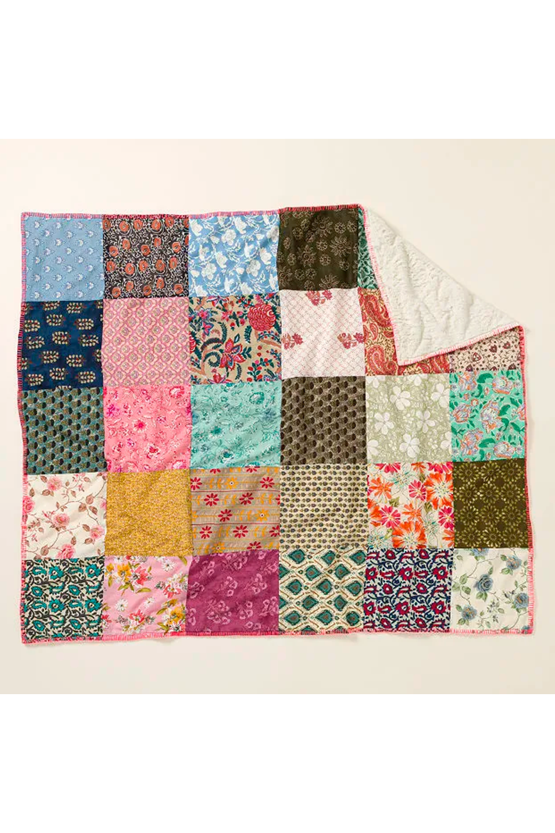 Repurposed Sari Plush Backed Blanket, Alternate, color, Multi-colored Patchwork