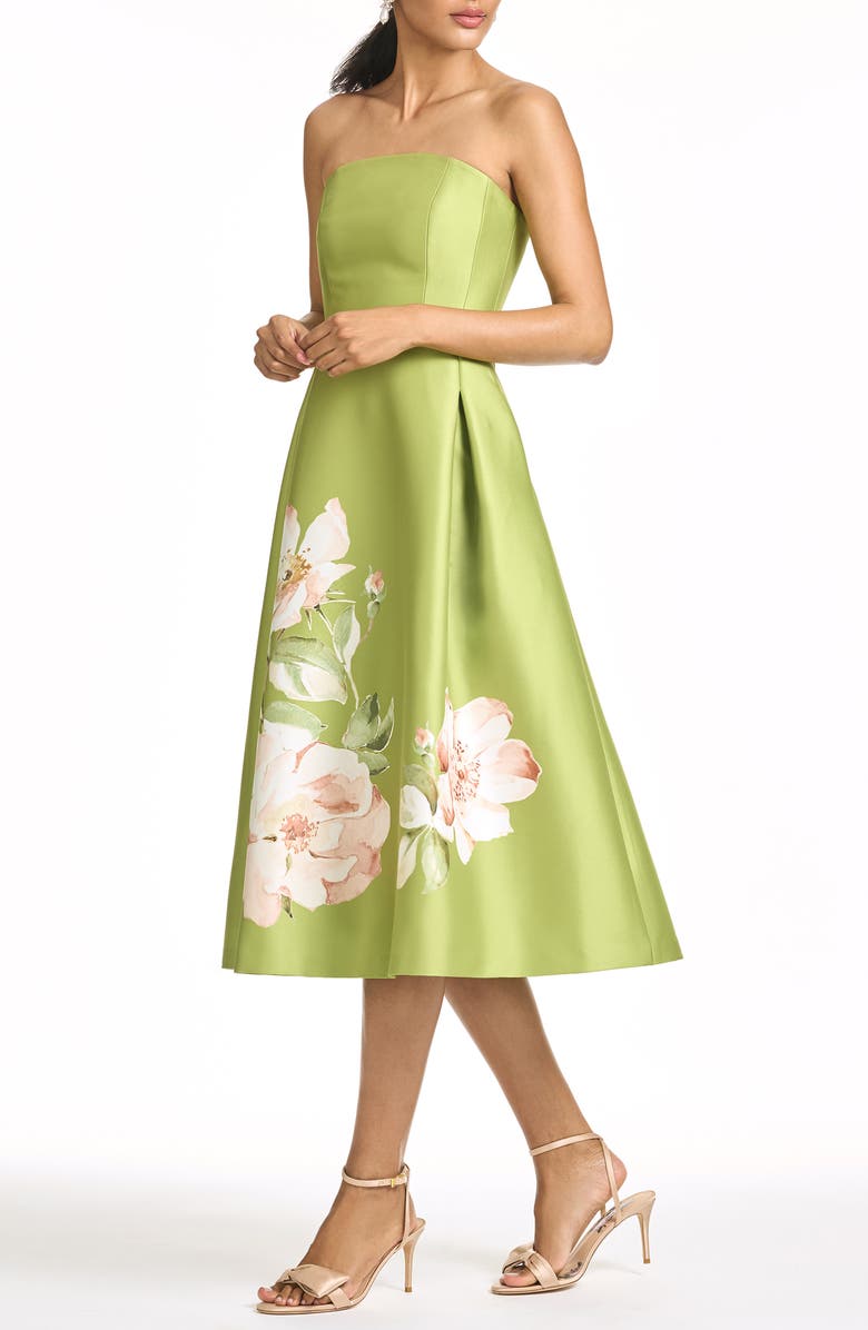 Sachin & Babi hay Placed Floral Strapless Cocktail Midi Dress, Alternate, color, Peridot Corsage