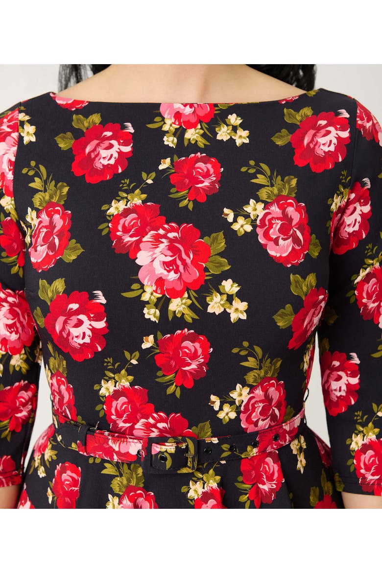 Three Quarter Sleeve Belted Devon Swing Dress, Alternate, color, Black & Red Roses