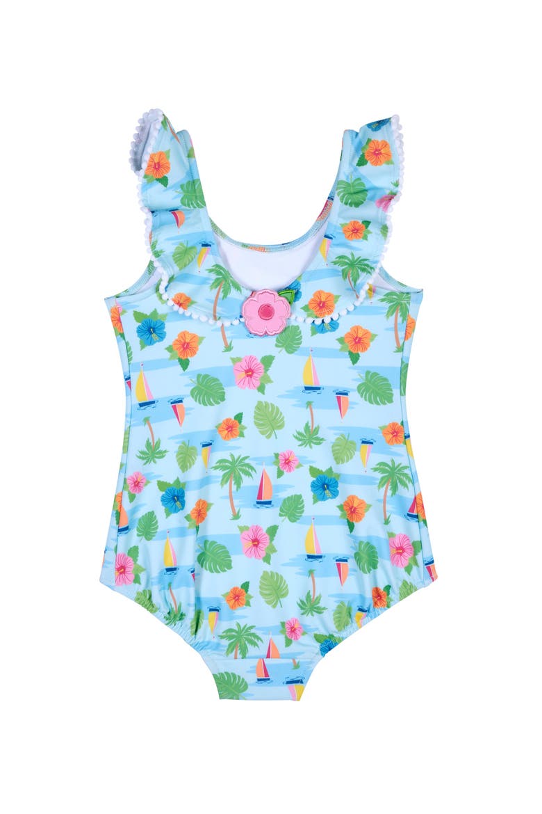 Tropical Print Ruffle Neck Swimsuit, Alternate, color, Multi