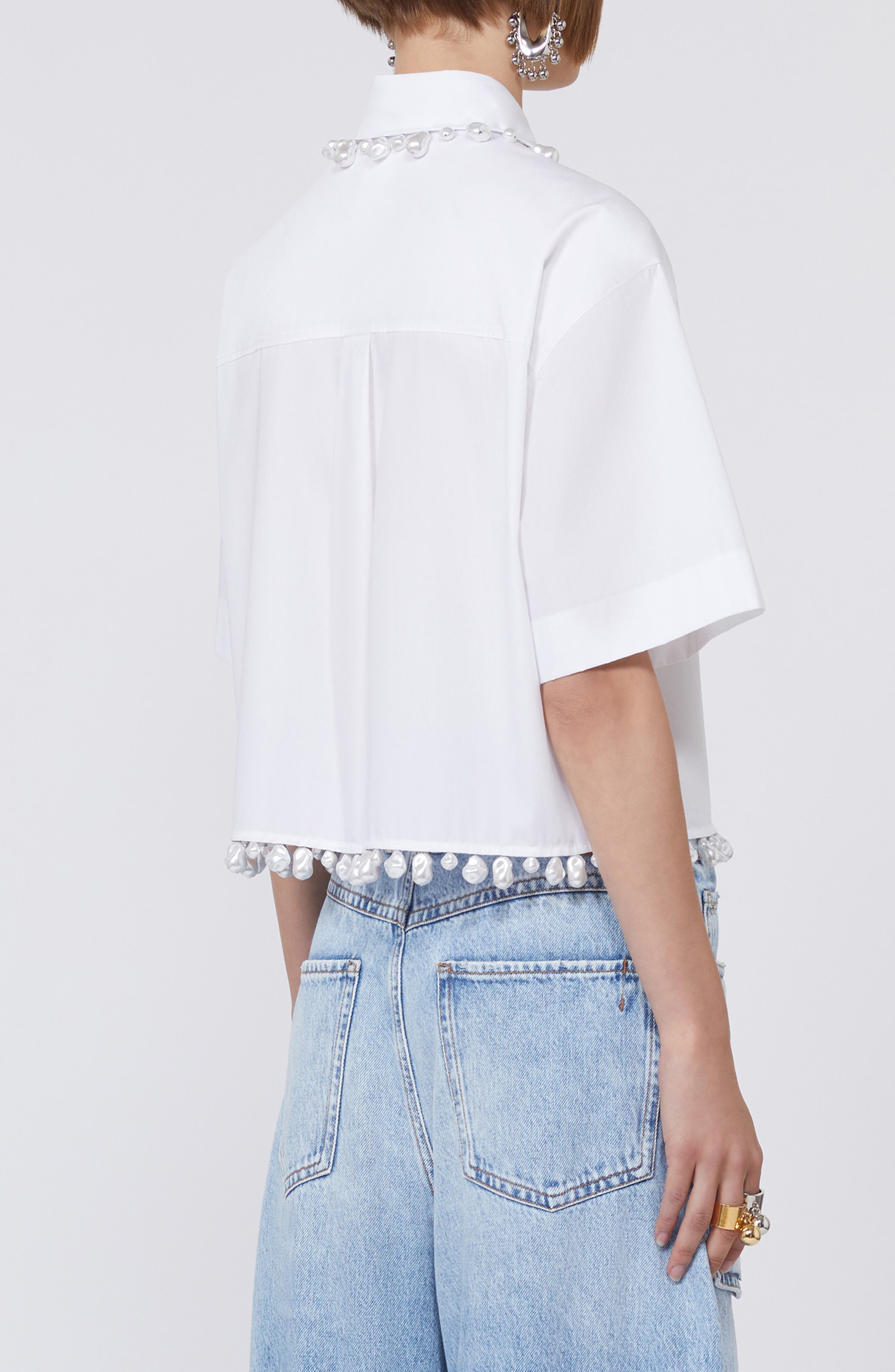 Faux Pearl Embellished Boxy Cotton Poplin Button-Up Shirt - image 2