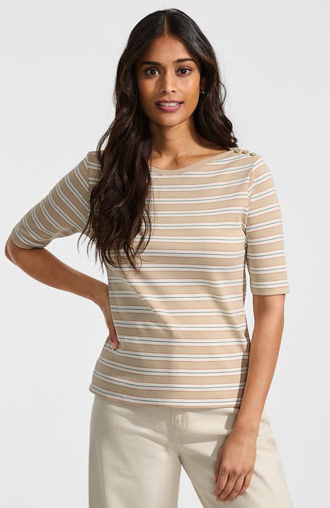 Supima Cotton Elbow Sleeve Boatneck Button Shoulder Tee