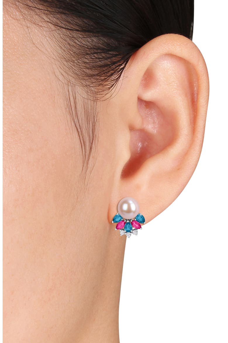 8-8.5mm Cultured Freshwater Pearl & Gemstone Cluster Earrings & Necklace Set, Alternate, color, PINK/ BLUE/ SILVER MULTI