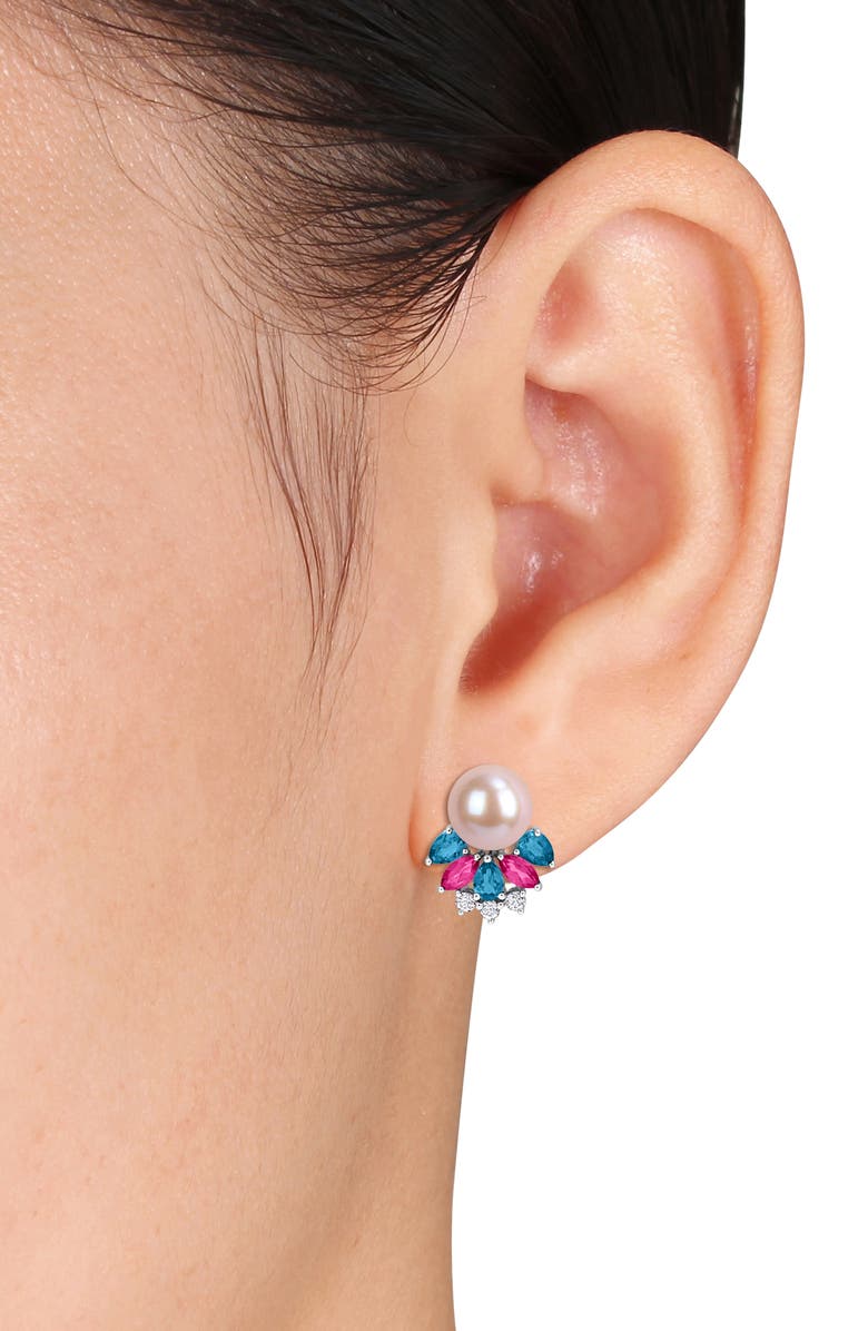 DELMAR 8-8.5mm Cultured Freshwater Pearl & Gemstone Cluster Earrings & Necklace Set, Alternate, color, Pink/ Blue/ Silver Multi