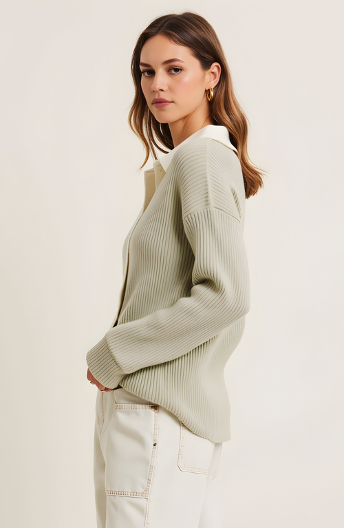 Modenaire Ribbed Knit Cardigan With Contrast Trim, Button Front And Point Collar In Green