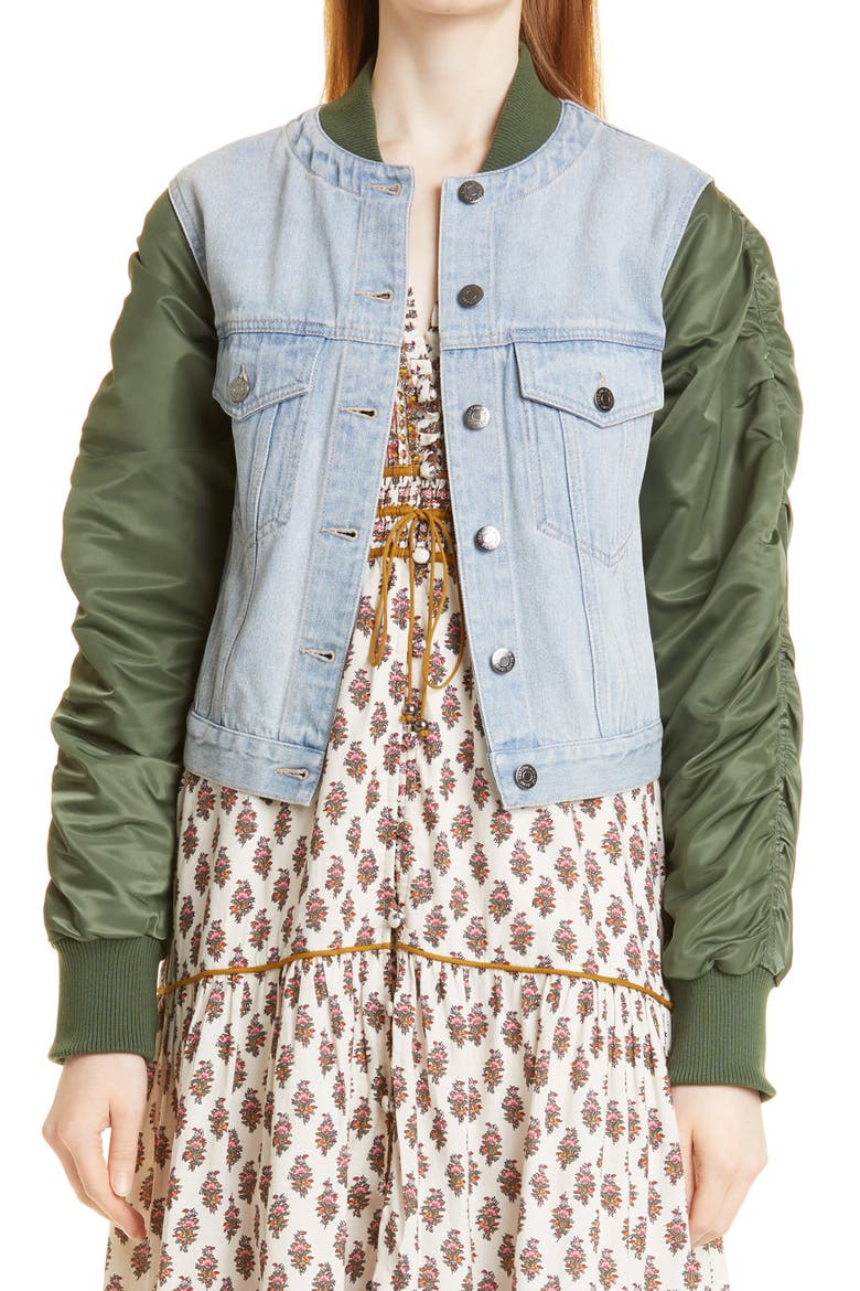 Emelia Mixed Media Bomber Jacket, Main, color, PEBBLE STONE
