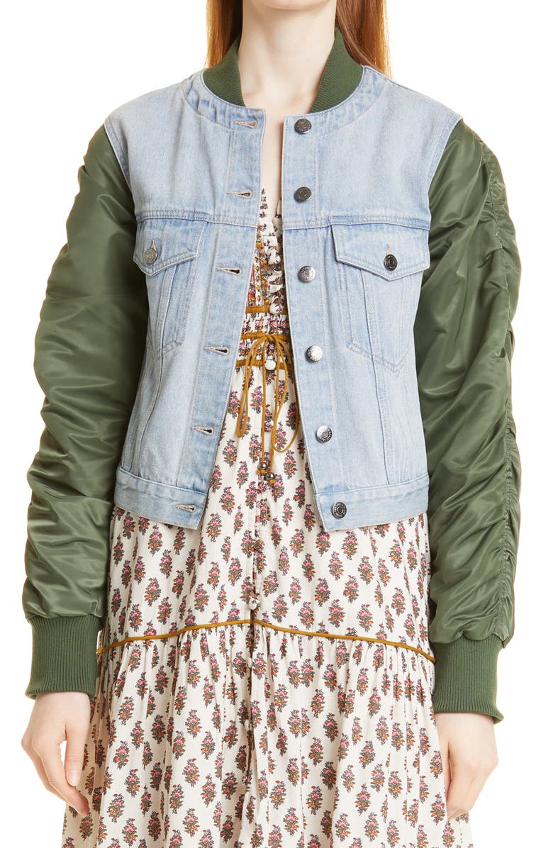 Veronica Beard Emelia Mixed Media Bomber Jacket, Main, color, 